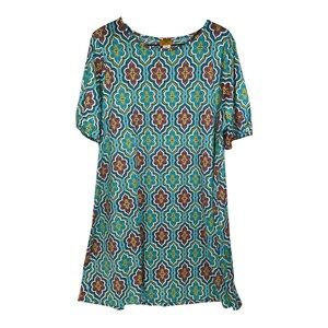 Rudy Rd. Geometric Print Shift Dress Teal Boho Casual Short Sleeve Plus Size XL